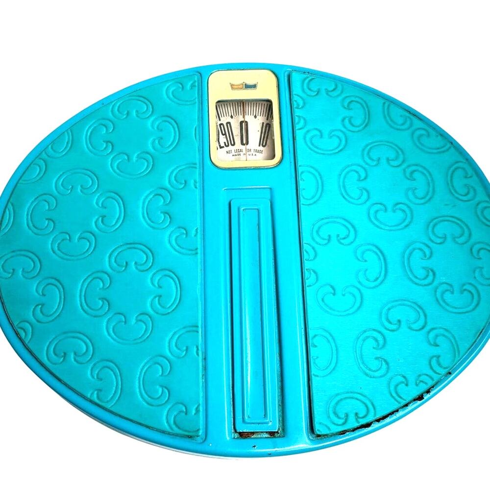 Vintage Sears Mid Century Teal Bathroom Scale Oval Scroll Pattern Working As Is
